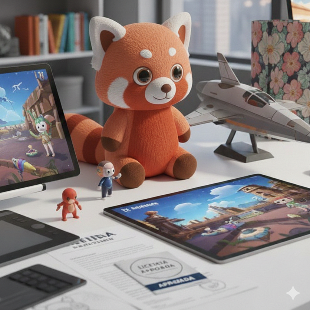 Personaje de panda rojo junto a tablet de videojuego y documento de licencia aprobada sobre un escritorio de diseño.
