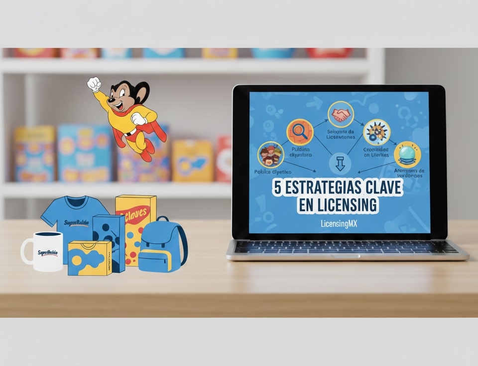 Imagen que muestra computadora con pantalla que dice 5 estrategias claves en licensing
