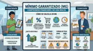 Mínimo garantizado en licencias de personajes explicado con ejemplo de regalías y proyección de ventas