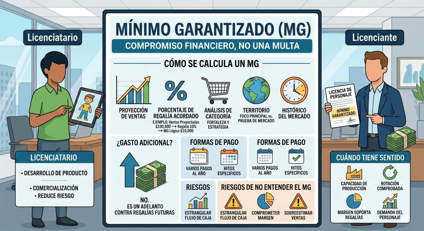 Mínimo garantizado en licencias de personajes explicado con ejemplo de regalías y proyección de ventas