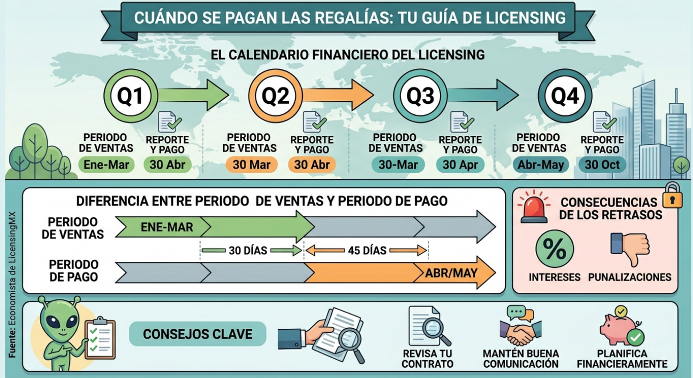 Infografía que muestra cuándo se pagan las regalías en licensing, incluyendo reportes trimestrales, plazos de pago y calendario anual de regalías.