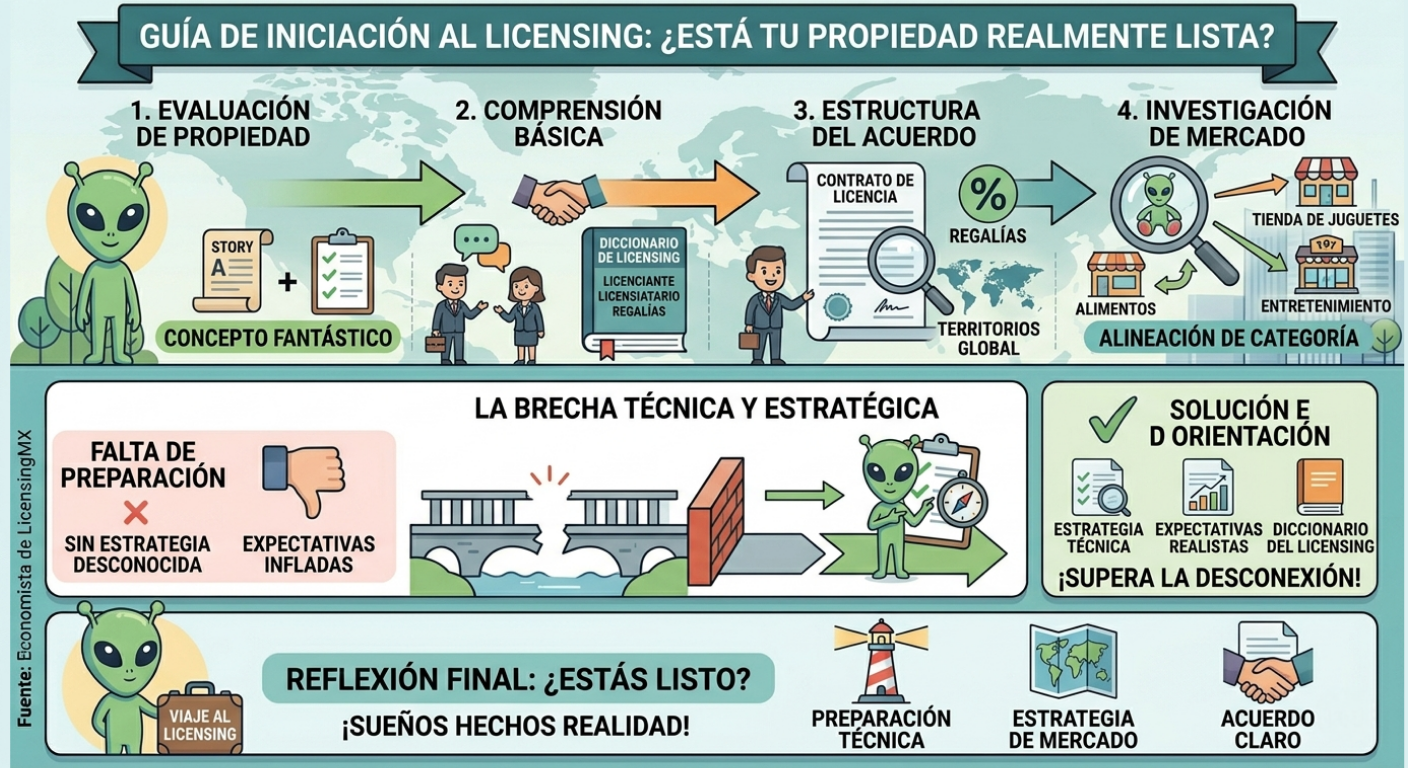 Ilustración que muestra si una propiedad está lista para licensing con un checklist visual, incluyendo marca, estrategia, producto y viabilidad comercial.