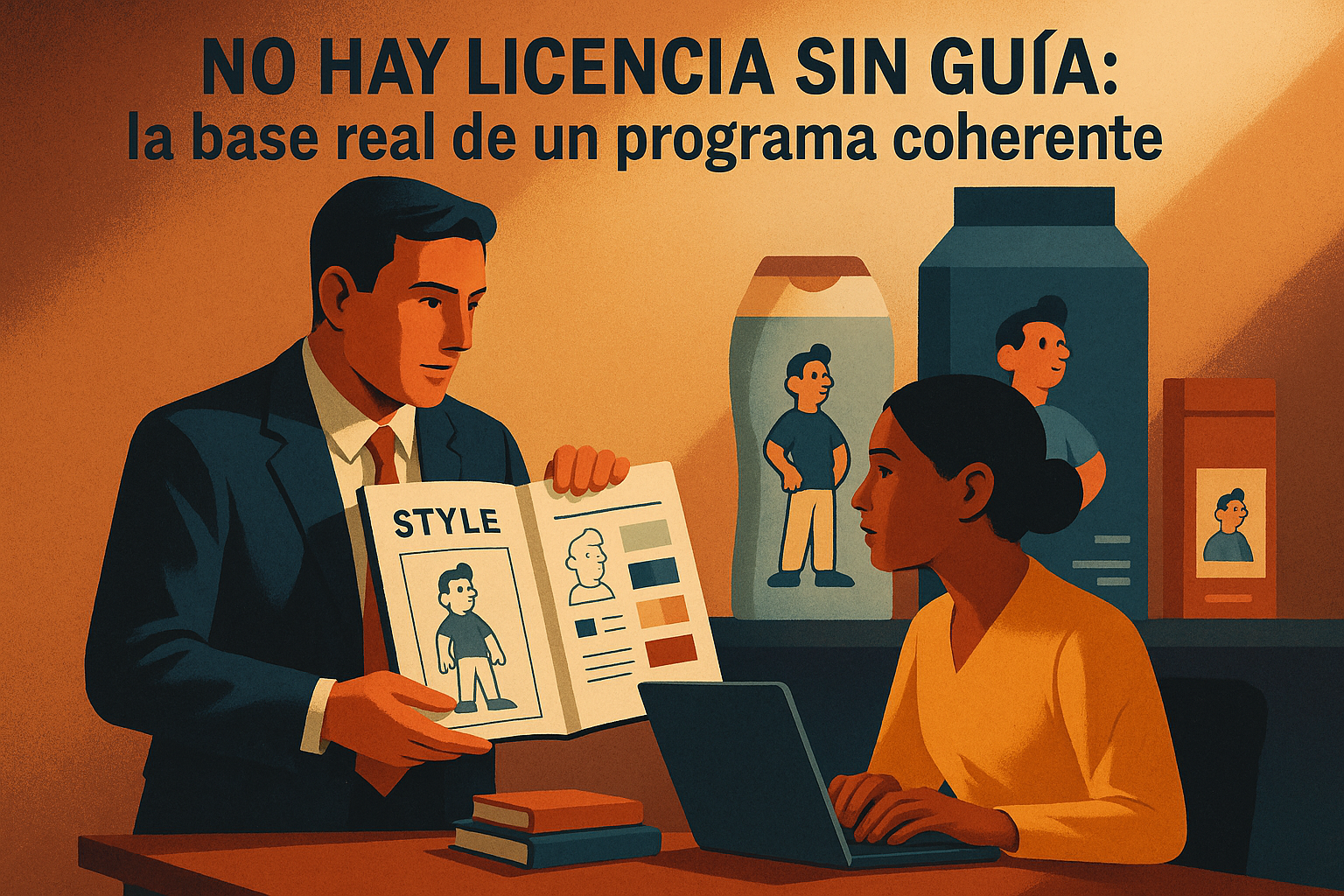 Personas revisando una guía de estilo para productos licenciados.