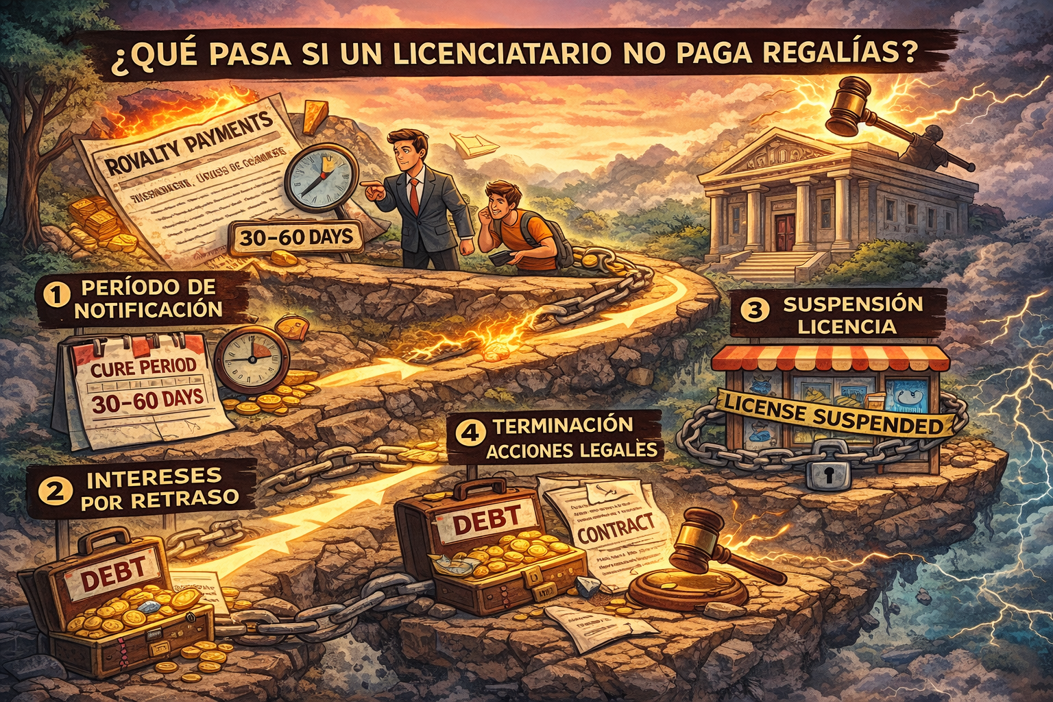 Infografía que explica qué ocurre cuando un licenciatario no paga regalías, mostrando el periodo de notificación, intereses por retraso, suspensión de licencia y acciones legales.