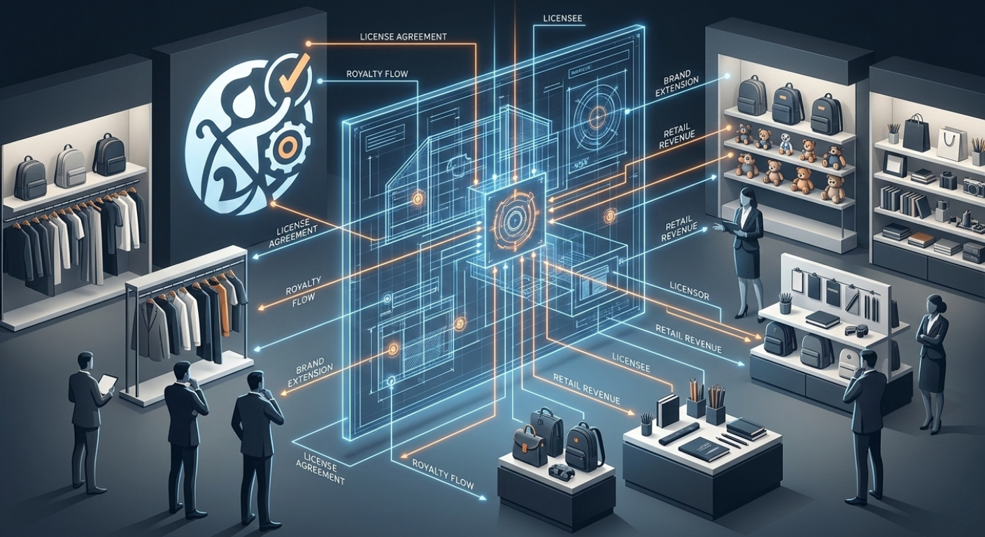 como funciona el modelo de licensing representado como sistema de contrato y regalías conectando propiedad intelectual con productos en retail