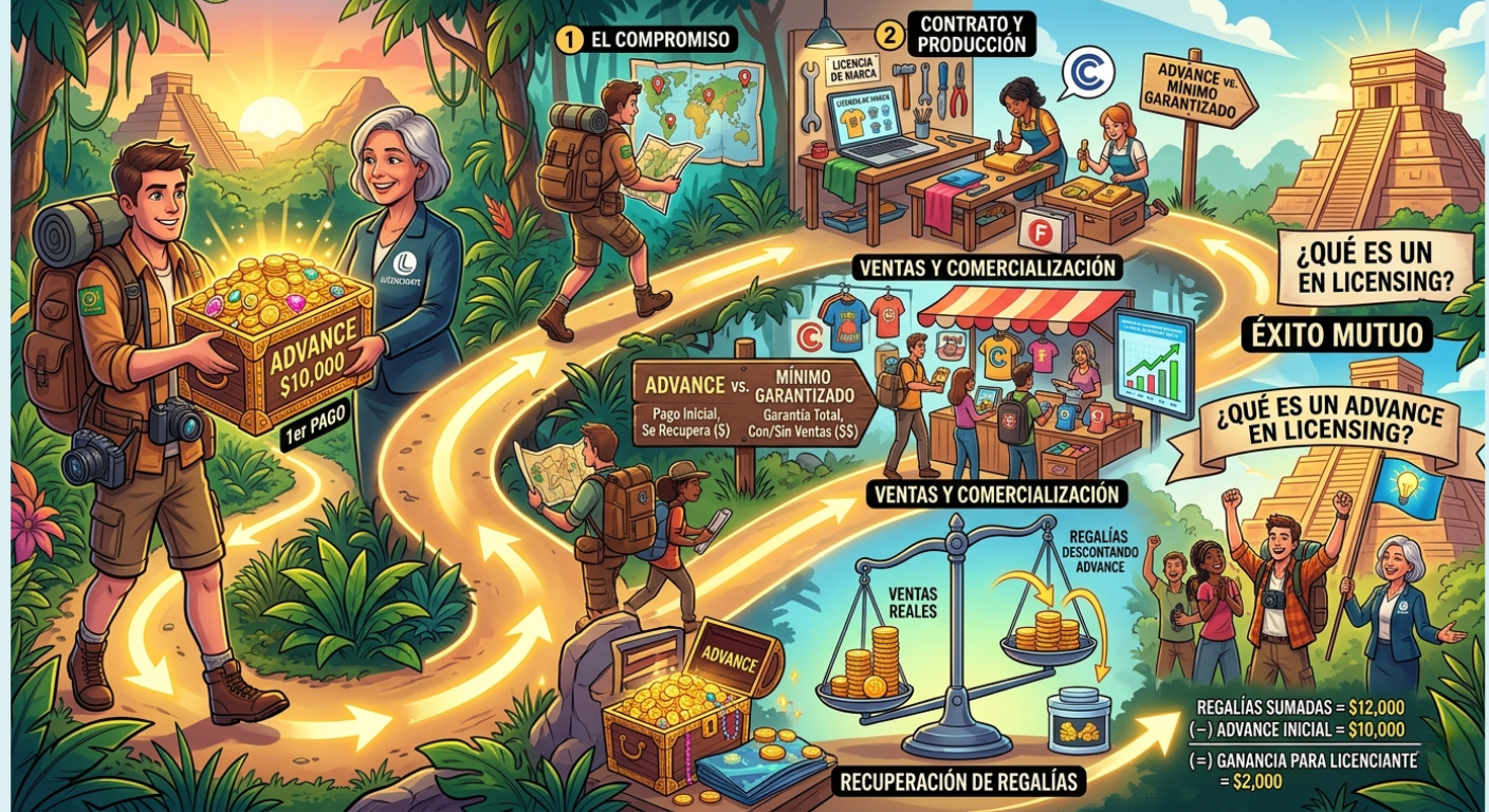 advance. Ilustración explicativa del funcionamiento de un advance en licensing, mostrando el proceso desde el pago inicial hasta la recuperación de regalías mediante ventas de productos licenciados.