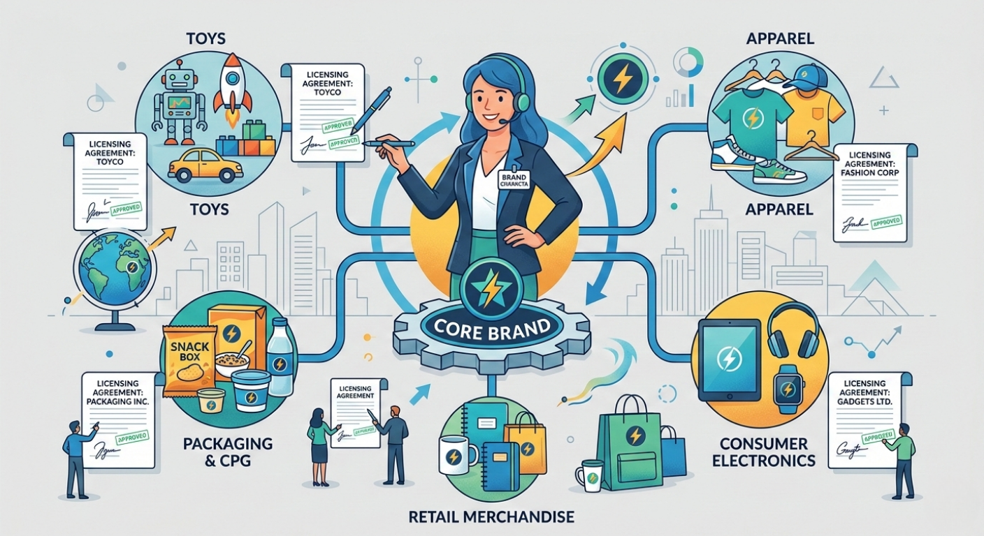 Qué es un licenciante. LIcenciante otorgando propiedad intelectual para productos comerciales
