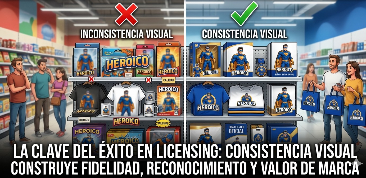 Infografía comparativa en una tienda que muestra el impacto de la consistencia visual en licensing. A la izquierda, productos inconsistentes de un superhéroe que causan confusión; a la derecha, productos unificados con guía de estilo oficial que generan confianza en los clientes.