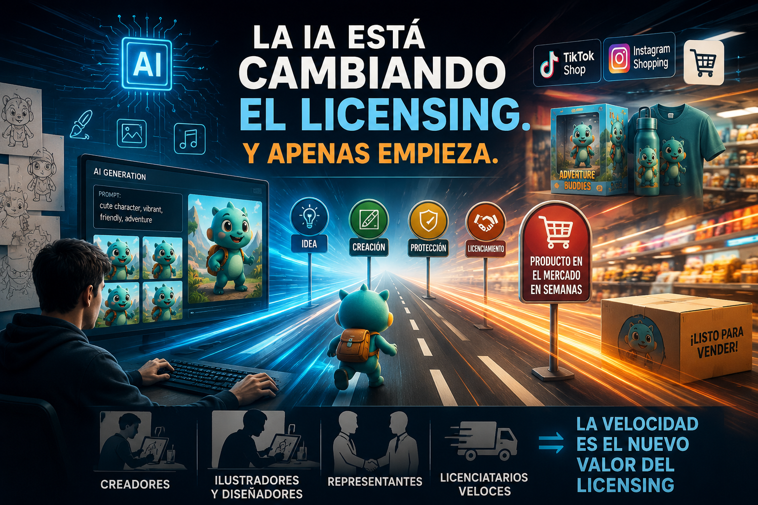 Ilustración conceptual sobre cómo la IA está cambiando el licensing y acelerando la creación, el licenciamiento y el lanzamiento de productos.