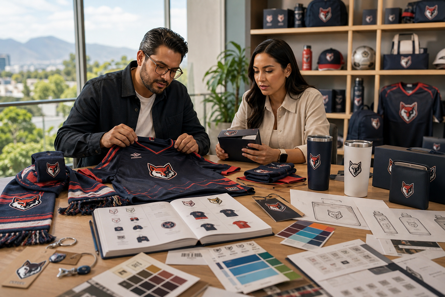 Muestras de productos deportivos oficiales en una reunión de aprobación entre un club y un fabricante regional