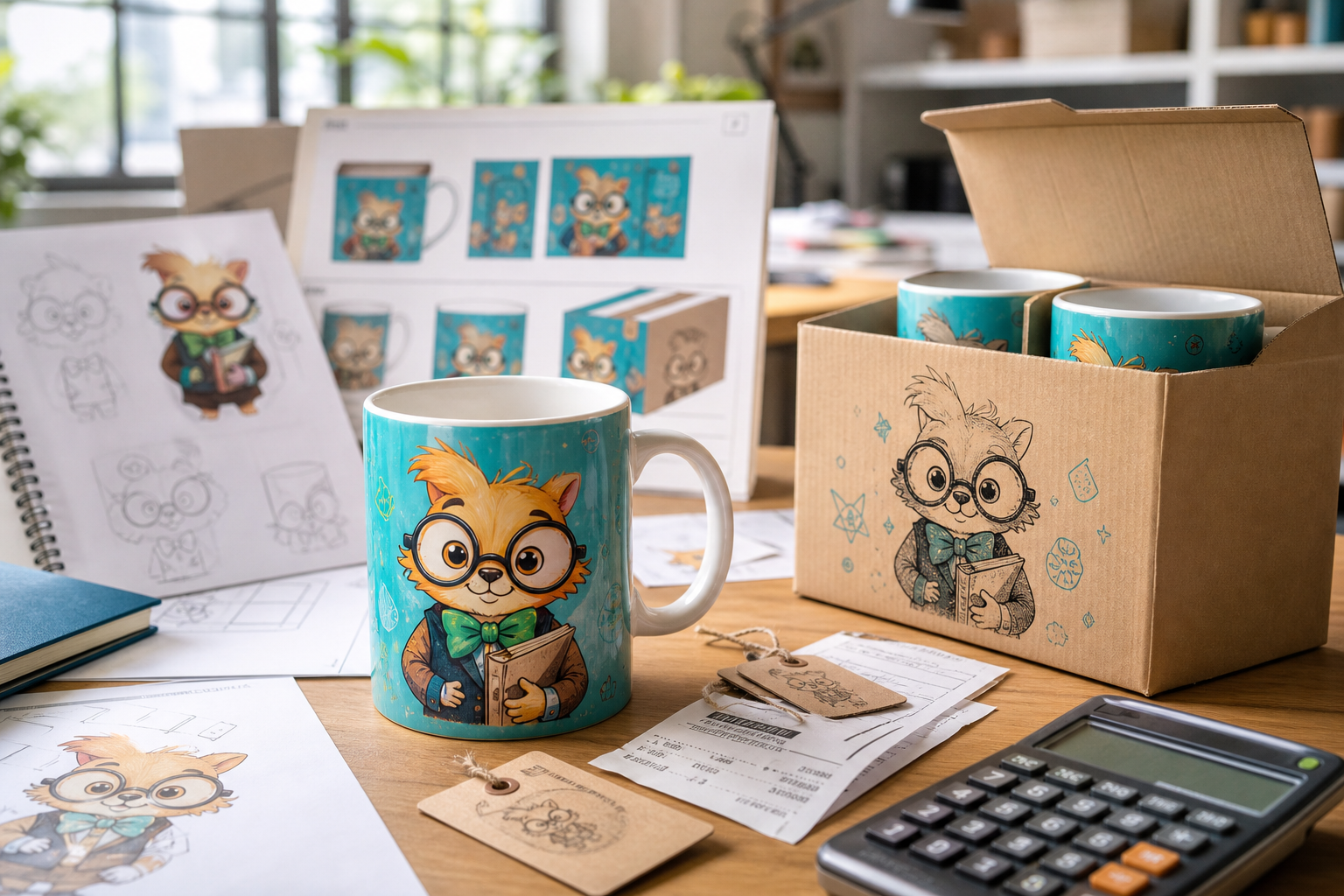 Taza con personaje ficticio, etiquetas de precio y calculadora sobre una mesa